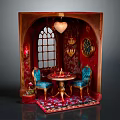 Dollhouse Interior With Arched Window Heart Shaped Chandelier Round Table Blue Chairs And Carpet