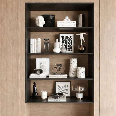 Stylish Decorative Ornament Set On Black Shelf With Sculptures Photo Frames And Vases 3d model