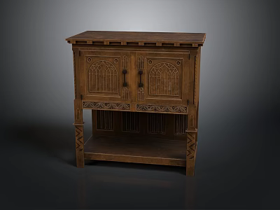 Classic Wooden Carved Cabinet With Double Doors And Open Shelf Design 3d model