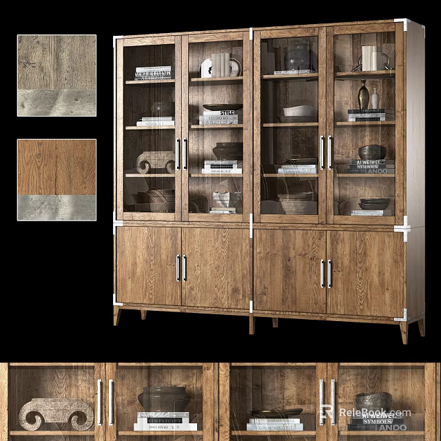 Elegant Wooden Bookcase With Glass Doors Metal Handles And Multi Layer Shelves For Home Decor 3d model 