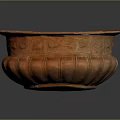Orange Ceramic Garden Ornament Planter With Carved Patterns And Decorative Rim
