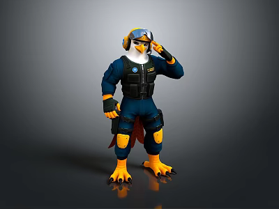 3D Eagle Character In Blue Combat Suit With Headphones Goggles And Yellow Claws 3d model
