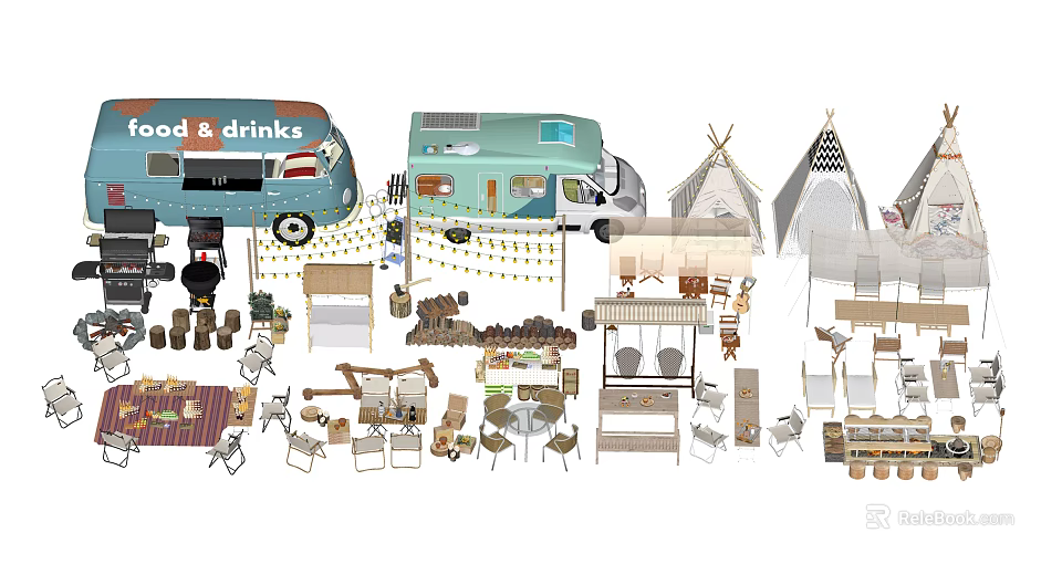 Outdoor Public Facilities With Food Drinks Truck Mobile Camper Van Tipi Tents And Tables Chairs 3d model 