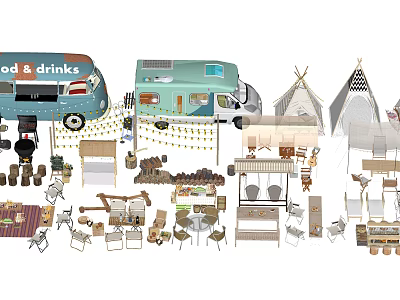 Outdoor Public Facilities With Food Drinks Truck Mobile Camper Van Tipi Tents And Tables Chairs 3d model