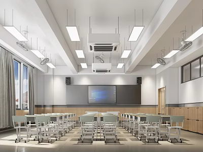 Modern School Classroom Interior With Tables Chairs Blackboard Projector Screen Lighting And Lockers 3d model