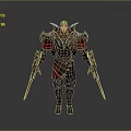 Man In Ornate Red And Blue Armor Holding Dual Swords Standing Pose