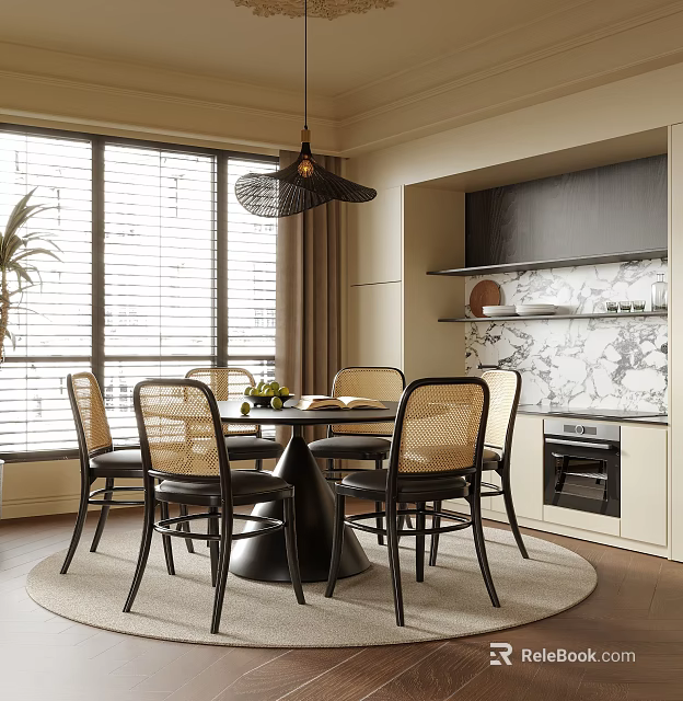 Modern Dining Room Interior with Round Table Wicker Chairs Pendant Light and Open Kitchen 3d model
