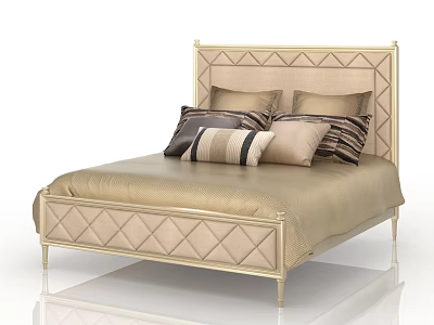 Elegant Modern Double Bed with Gold Frame Diamond Tufted Headboard and Beige Pillows 3d model