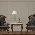 Ornate Leisure Sofa Set With Gray Upholstered Armchairs And Wooden Side Table