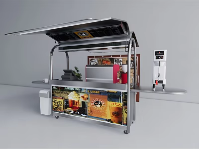 Mobile Commercial Equipment With Canopy Display Counter Cash Register And Wheels 3d model