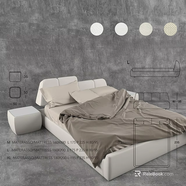 Modern Double Bed With Upholstered Headboard Mattress Nightstand And Dimensions 3d model 