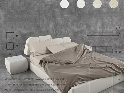 Modern Double Bed With Upholstered Headboard Mattress Nightstand And Dimensions 3d model