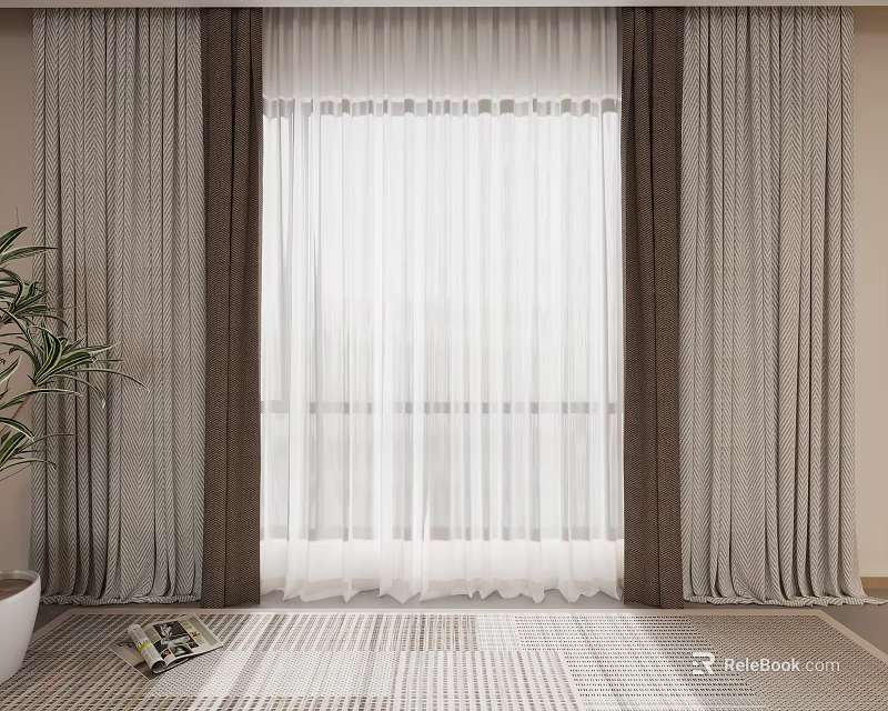 Modern Beige Curtains With Sheer White Panels And Indoor Green Plant 3d model 
