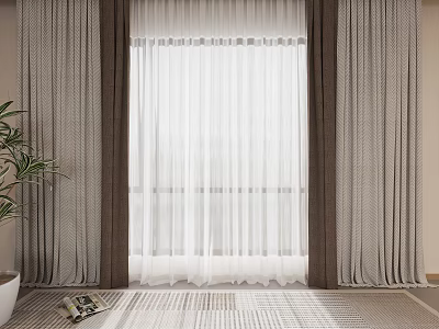 Modern Beige Curtains With Sheer White Panels And Indoor Green Plant 3d model