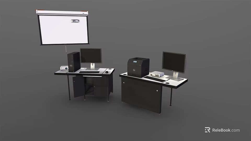 Modern Office Workspace Setup With Two Desks Computer Monitors Tower And Projector Screen 3d model