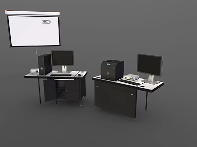 Modern Office Workspace Setup With Two Desks Computer Monitors Tower And Projector Screen 3d model
