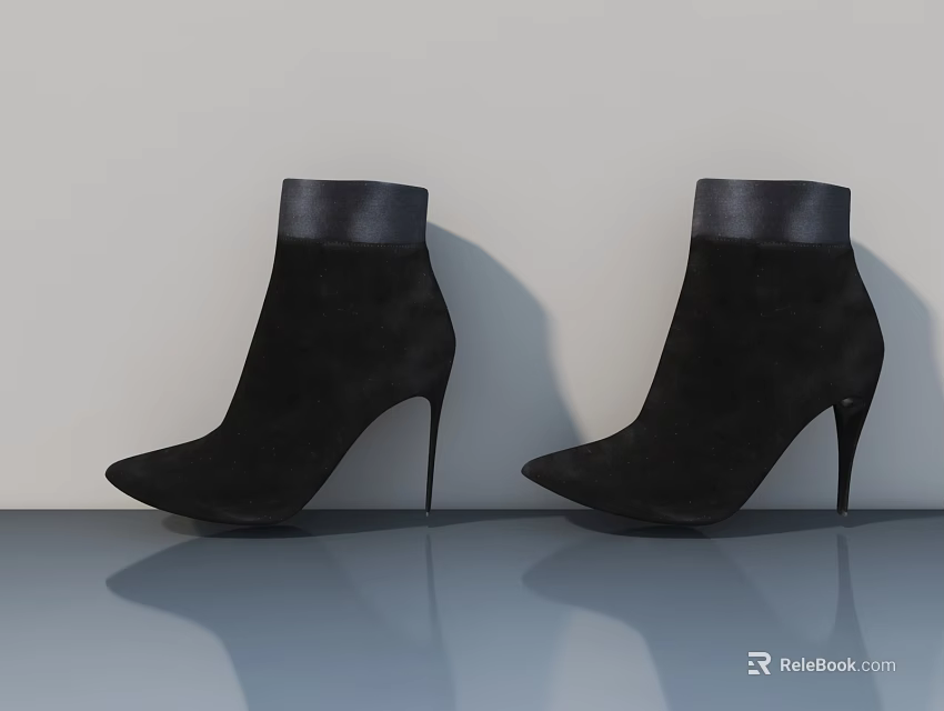 Black Suede High Heeled Ankle Boots With Leather Trim On Smooth Gray Floor 3d model 
