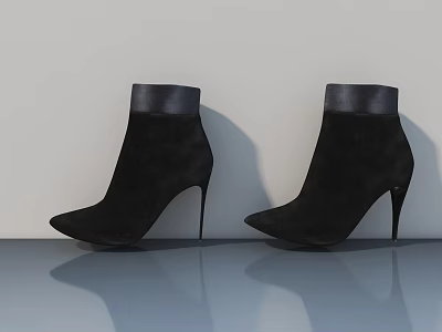 Black Suede High Heeled Ankle Boots With Leather Trim On Smooth Gray Floor 3d model