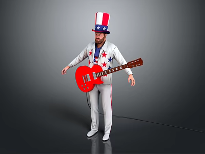 American Flag Hat Performer In Star Patterned Outfit With Red Guitar Standing Pose 3d model