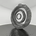 Circular Stone Art Installation With Multiple Concentric Rings And Water Reflection In White Gallery Space 3d model