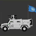 UN Armored Vehicle With Mounted Weapon System Antennas Blue Flag And UN Logo