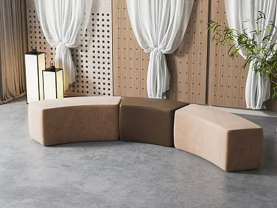 Curved Sectional Ottoman Stools Beige And Brown With Wooden Perforated Wall White Curtains Green Plant 3d model