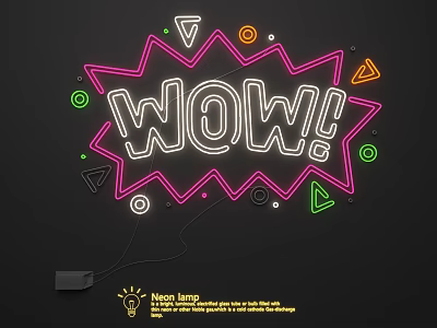 Decorative Neon Light Combination with WOW Text and Geometric Shapes on Black Background 3d model