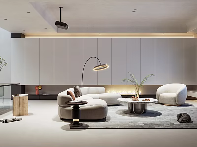Cozy Basement Living Space With Sectional Sofa Floor Lamp Coffee Table And Green Plants 3d model