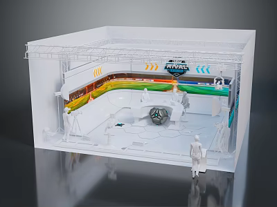 Futuristic Interior Scene Featuring Curved Colorful Light Strips Spherical Device Control Consoles And Human Figures 3d model