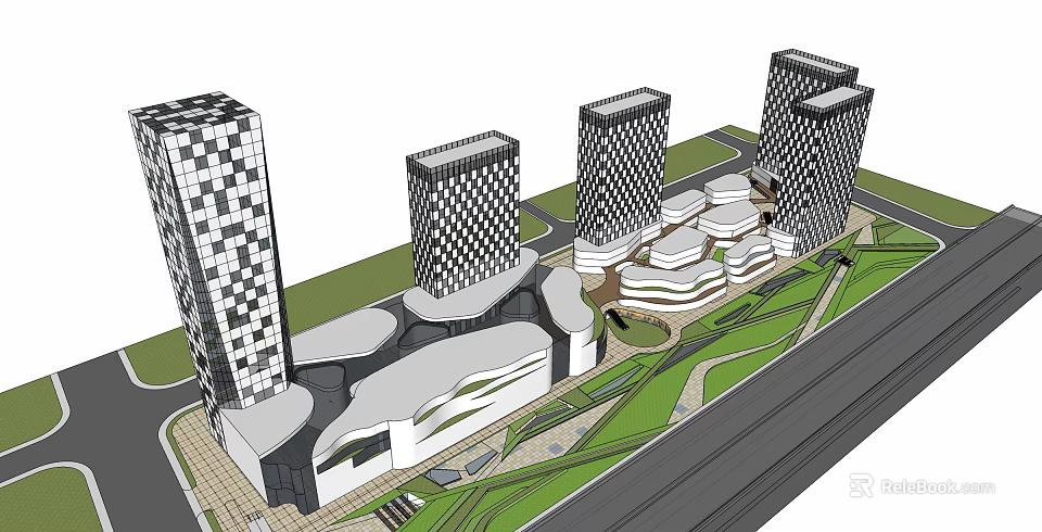 Modern Commercial Complex Architectural Design With Tall Buildings Open Spaces And Green Areas 3d model 