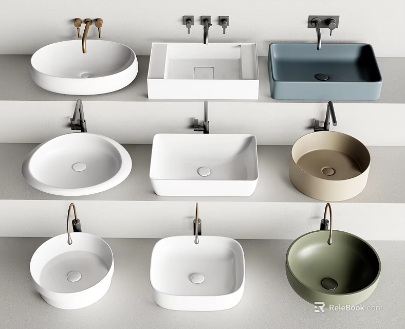 Modern Above Counter Washbasins In Round Square Oval Shapes With White Gray Green Colors 3d model 