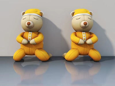Two Yellow Teddy Bears In Yellow Outfits Sitting With Folded Hands On Shiny Floor 3d model