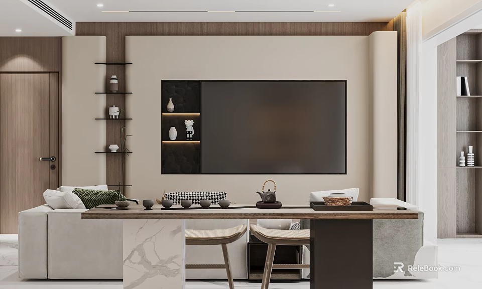 Modern Living Dining Room Interior Design With TV Wall Sofa Dining Table And Decorative Shelves 3d model 