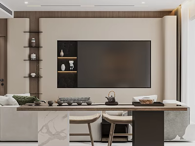 Modern Living Dining Room Interior Design With TV Wall Sofa Dining Table And Decorative Shelves 3d model