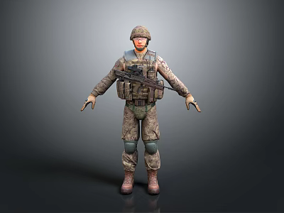Military Soldier In Camouflage Uniform With Helmet Rifle And Tactical Gear 3d model