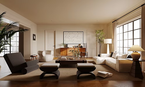 Middle Ancient Style Living Room No Main Lamp Living Room New Chinese Style Living Room Fabric Sofa Coffee Table Combination Leisure Chair Side Cabinet Entrance Cabinet 3d model