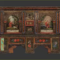 Traditional Antique Style Painted Wooden Cabinet With Decorative Panels And Colorful Carved Motifs