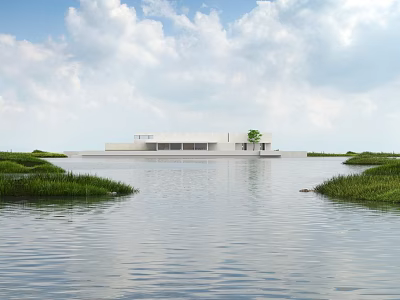 Modern Detached Villa With Waterfront Location And Grass Surroundings Under Open Sky 3d model