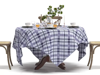 Round Dining Table Set With Blue And White Checkered Tablecloth Wooden Chairs And Green Plants 3d model