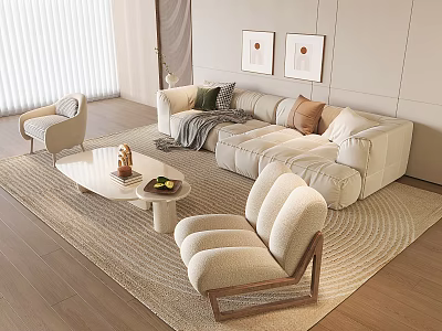 Modern Sofa and Coffee Table Set with Plush Cushions Accent Chairs and Woven Rug 3d model