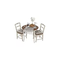 Round Wooden Table With White Cushioned Chairs Lace Tablecloth Bread Teapot And White Flowers