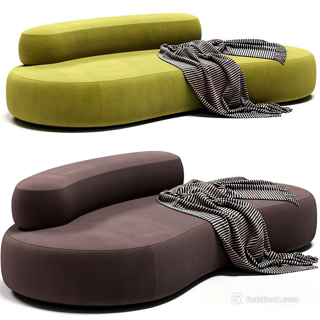 Modern Irregular Shaped Sofas in Green and Dark Brown with Striped Blankets 3d model