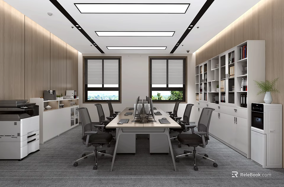 Modern Conference Room Interior With Long Table Multiple Chairs And Bookshelves 3d model 