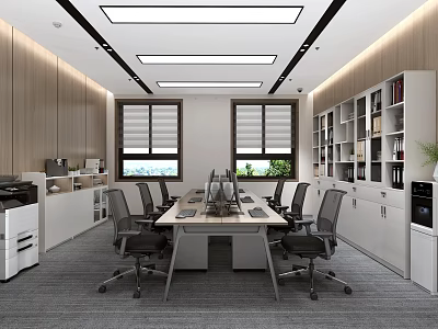 Modern Conference Room Interior With Long Table Multiple Chairs And Bookshelves 3d model