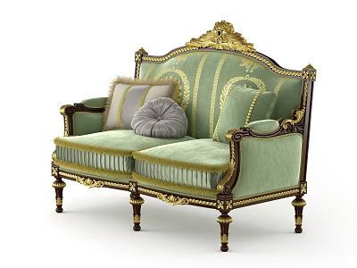 Light Green Multi Seat Sofa With Ornate Golden Carvings And Plush Pillows 3d model
