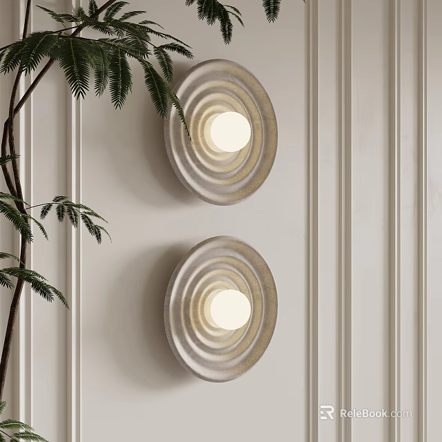 Textured Round Wall Sconces With Soft Light On White Paneled Wall And Green Fern 3d model 