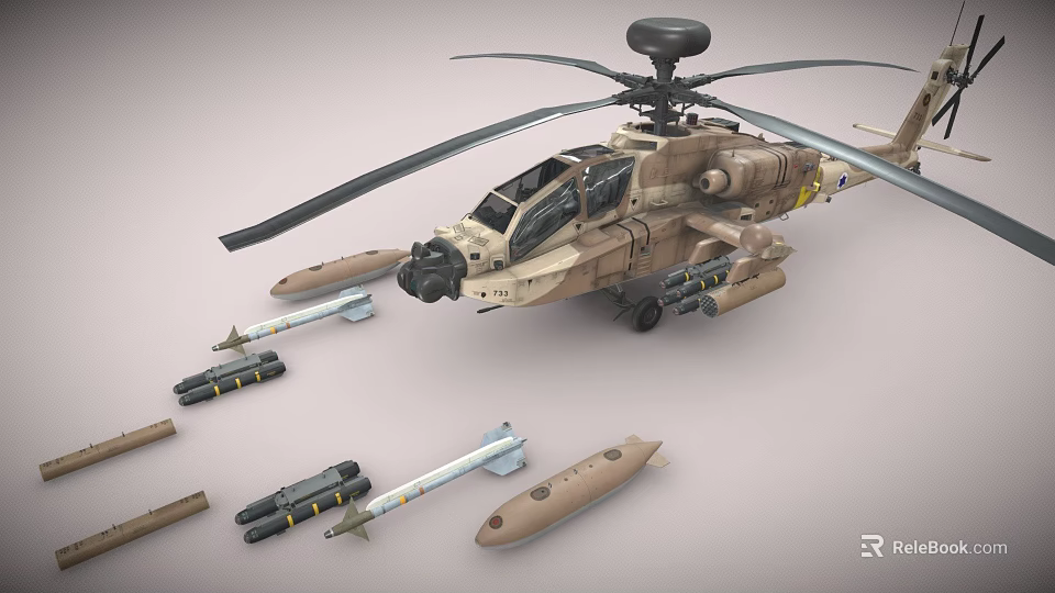 Military Attack Helicopter With Camouflage Paint Rotor System And Armaments Including Missiles Bombs 3d model 