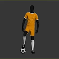 Orange Soccer Jersey And Shorts Worn By Black Mannequin With Soccer Ball On Gray Background