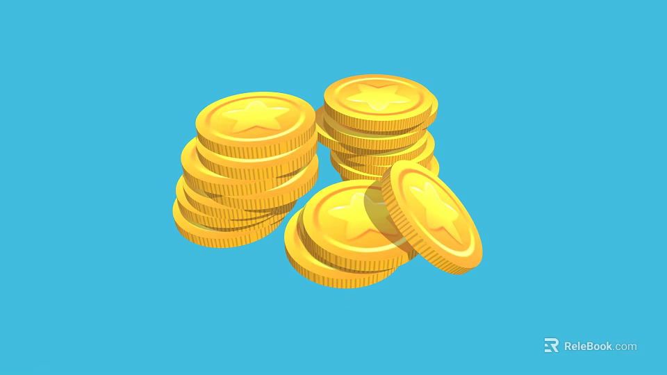 Stacked Shiny Gold Coins With Star Design On Blue Background 3d model 