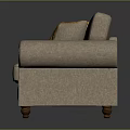 Beige Three Seat Sofa with Orange Geometric Pattern Cushions Nailhead Trim and Wooden Legs